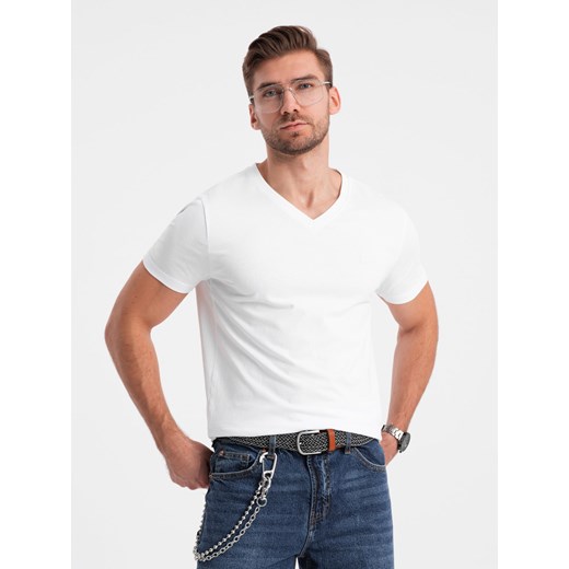 T-shirt męski V-NECK z elastanem - biały V1 OM-TSCT-0106 ze sklepu ombre w kategorii T-shirty męskie - zdjęcie 176308488