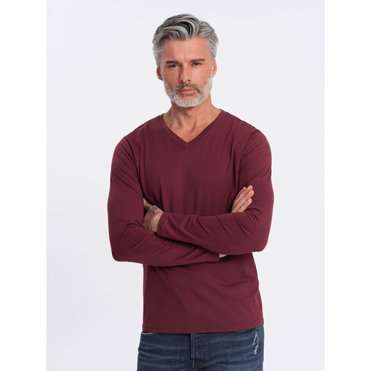 Męski longsleeve bez nadruku z dekoltem w serek - bordowy V8 OM-LSBL-0108 ze sklepu ombre w kategorii T-shirty męskie - zdjęcie 176308638