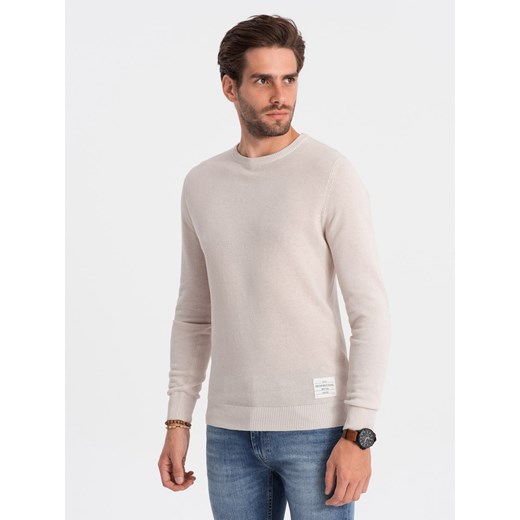 Sweter męski z teksturą i półokrągłym dekoltem - beżowy V6 OM-SWSW-0104 ze sklepu ombre w kategorii Swetry męskie - zdjęcie 176308649