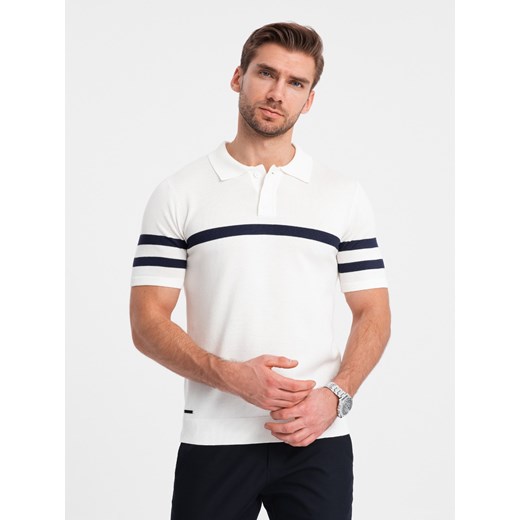 Koszulka męska polo z miękkiej dzianiny z kontrastowymi pasami - biała V1 OM-POSS-0118 ze sklepu ombre w kategorii T-shirty męskie - zdjęcie 176309636