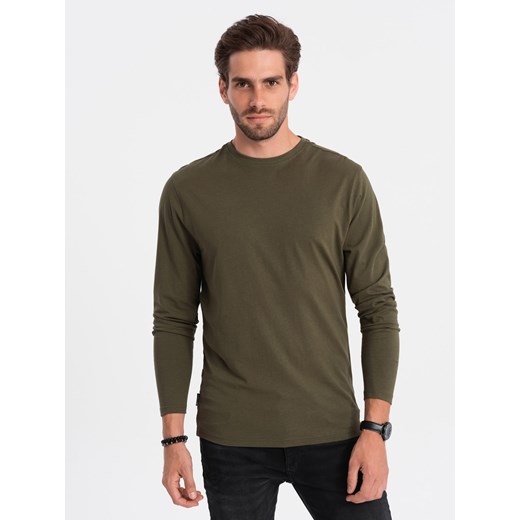 Męski longsleeve  BASIC z okrągłym dekoltem - ciemnooliwkowy V7 OM-LSBL-0106 ze sklepu ombre w kategorii T-shirty męskie - zdjęcie 176309689