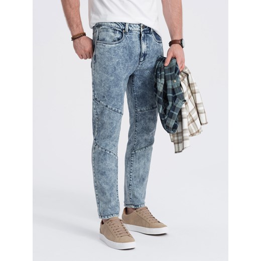 Spodnie męskie jeansowe slim fit z przeszyciem na kolanach - niebieskie V1 M ombre