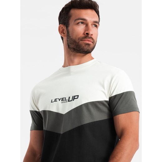 T-shirt męski bawełniany trójkolorowy z logo - czarno-grafitowy V2 S1747 XL okazja ombre
