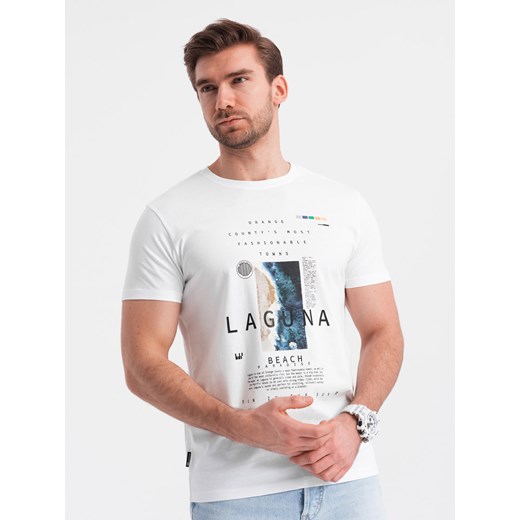 Męski t-shirt bawełniany z nadrukiem laguna - biały V1 OM-TSPT-0127 ze sklepu ombre w kategorii T-shirty męskie - zdjęcie 176312017