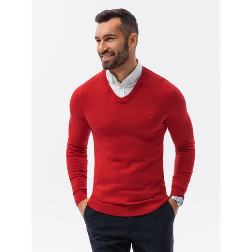Sweter męski z białym kołnierzykiem - czerwony V4 E120 ze sklepu ombre w kategorii Swetry męskie - zdjęcie 176312066
