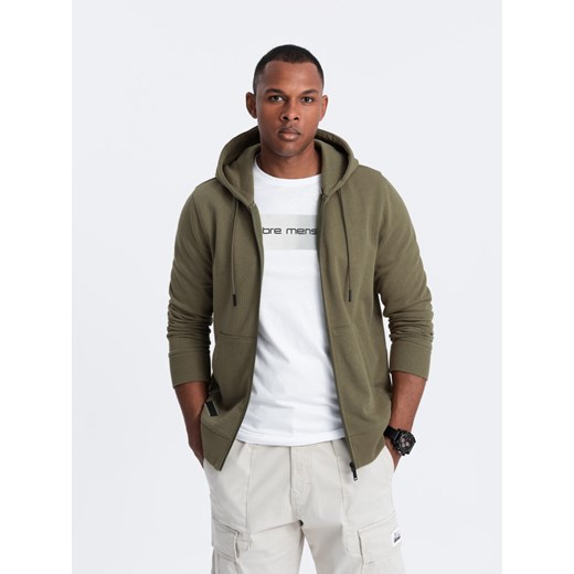 Rozpinana bluza męska dresowa BASIC – oliwkowa V2 OM-SSBZ-0160 ze sklepu ombre w kategorii Bluzy męskie - zdjęcie 176313588