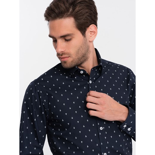 Klasyczna męska bawełniana koszula SLIM FIT w kotwice - granatowa V2 OM-SHCS-0156 ze sklepu ombre w kategorii Koszule męskie - zdjęcie 176315977