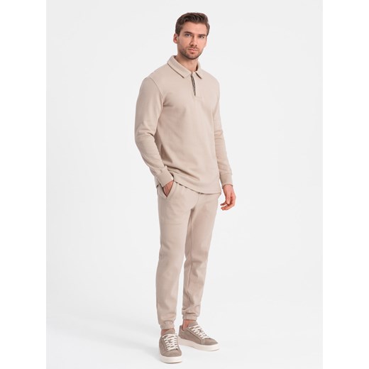 Komplet męski dresowy bluza z kołnierzem polo + spodnie - beżowy V2 Z71 ze sklepu ombre w kategorii Dresy męskie - zdjęcie 176316097