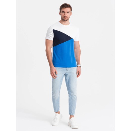 T-shirt męski trójkolorowy bawełniany - biało-niebieski V4 OM-TSCT-0174 ze sklepu ombre w kategorii T-shirty męskie - zdjęcie 176316115