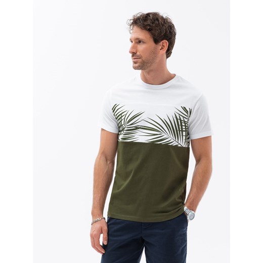 T-shirt męski z nadrukiem - khaki V2 S1641 M wyprzedaż ombre