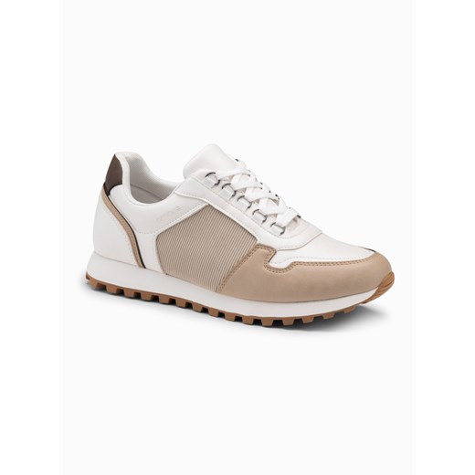 Patchworkowe męskie buty sneakersy z łączonych materiałów – biało-piaskowe V1 OM-FOSL-0144 ze sklepu ombre w kategorii Buty sportowe męskie - zdjęcie 176326567