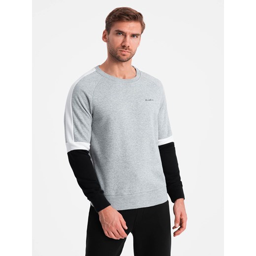 Trójkolorowa męska bluza dresowa z raglanowymi rękawami – szara V1 OM-SSNZ-22FW-003 ze sklepu ombre w kategorii Bluzy męskie - zdjęcie 176326665