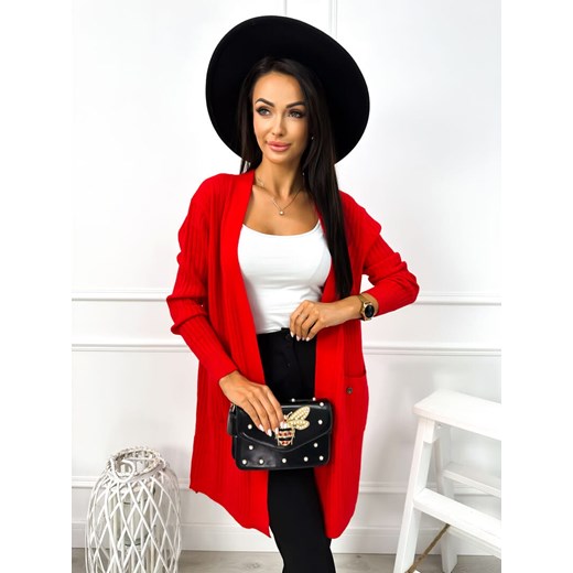 Czerwony Prążkowany Kardigan z Kieszeniami Modnakiecka.pl Uniwersalny okazja ModnaKiecka.pl