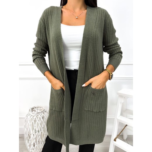 Khaki Prążkowany Kardigan z Kieszeniami Modnakiecka.pl Uniwersalny okazyjna cena ModnaKiecka.pl