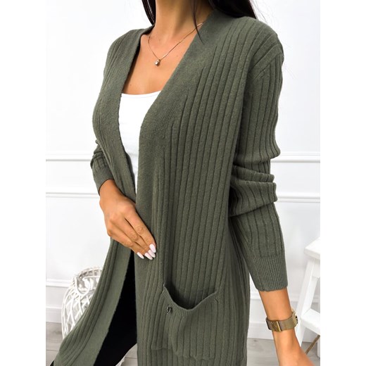 Khaki Prążkowany Kardigan z Kieszeniami Modnakiecka.pl Uniwersalny okazja ModnaKiecka.pl