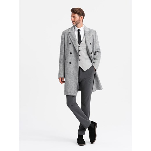 Elegancki dwurzędowy męski płaszcz w jodełkę – szary V1 OM-COWC-0118 ze sklepu ombre w kategorii Płaszcze męskie - zdjęcie 176358326