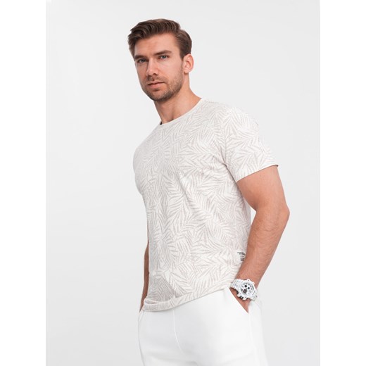 T-shirt męski fullprint w liście palmy - jasnobeżowy V1 OM-TSFP-0182 ze sklepu ombre w kategorii T-shirty męskie - zdjęcie 176362606