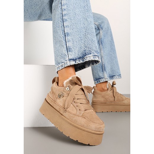 Ciemnobeżowe Sneakersy z Imitacji Zamszu na Platformie Ocieplane Futrem Sennalia ze sklepu born2be.pl w kategorii Buty sportowe damskie - zdjęcie 176370995