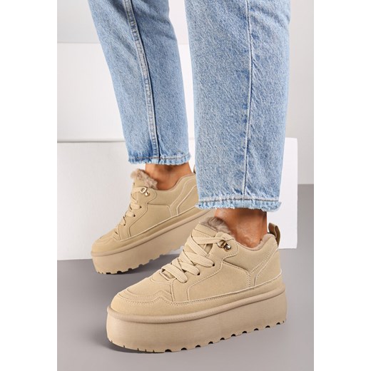Beżowe Sneakersy Vices Stylizowane na Śniegowce na Platformie Obszyte Futerkiem Naleris ze sklepu renee.pl w kategorii Buty sportowe damskie - zdjęcie 176388646
