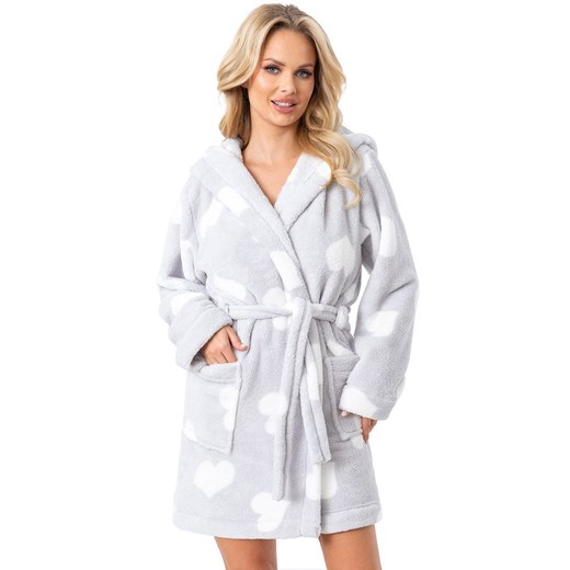 Gruby szlafrok damski z kapturem szary w serca 102, Kolor szaro-biały, Rozmiar XS/S, Donna ze sklepu Intymna w kategorii Szlafroki damskie - zdjęcie 176389368