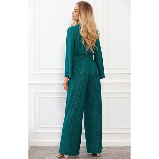 Błyszczący kombinezon kopertowy w kolorze szmaragdowym M720, Kolor szmaragdowy, Rozmiar L, MOE ze sklepu Intymna w kategorii Kombinezony damskie - zdjęcie 176390299