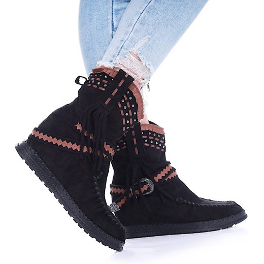 Czarne botki boho na koturnie /C5-2 17077 G122/ Pantofelek24 36 Pantofelek24.pl
