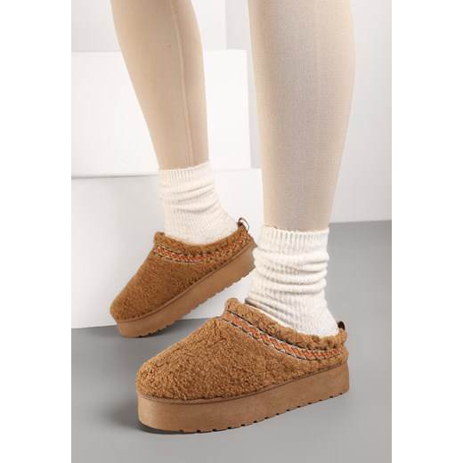 Brązowe Kapcie na Platformie z Ozdobną Lamówką Topora ze sklepu renee.pl w kategorii Kapcie damskie - zdjęcie 176427826
