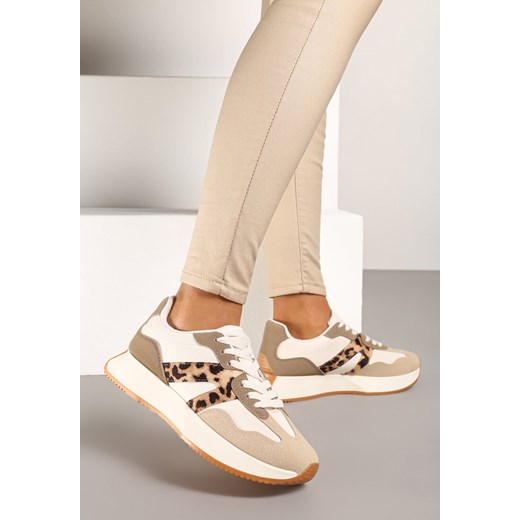 Beżowo-Białe Sneakersy na Płaskiej Podeszwie z Geometryczną Wstawką w Panterkę Sewla ze sklepu renee.pl w kategorii Buty sportowe damskie - zdjęcie 176428368