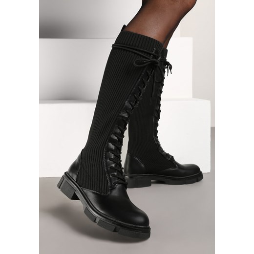 Czarne Płaskie Kozaki ze Skarpetową Cholewką i Sznurowaniem Sannirael ze sklepu renee.pl w kategorii Kozaki damskie - zdjęcie 176428818