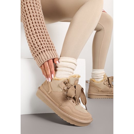 Ciemnobeżowe Zimowe Sneakersy Vices Stylizowane na Śniegowce z Futerkiem Tennira ze sklepu renee.pl w kategorii Buty sportowe damskie - zdjęcie 176429006