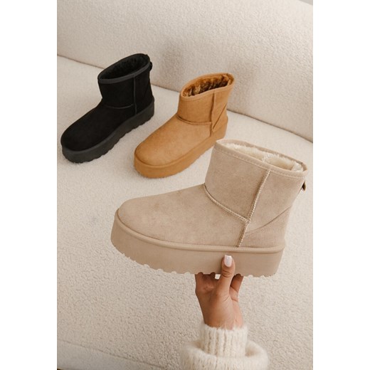 Beżowe Śniegowce na Platformie z Przeszyciami i Futerkiem Vento ze sklepu born2be.pl w kategorii Śniegowce damskie - zdjęcie 176430259