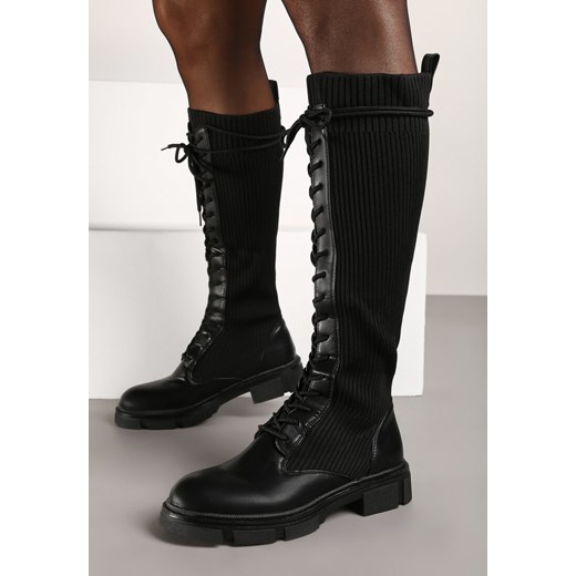 Czarne Sznurowane Kozaki na Płaskiej Podeszwie z Elastyczną Cholewką Annathe ze sklepu born2be.pl w kategorii Kozaki damskie - zdjęcie 176431426