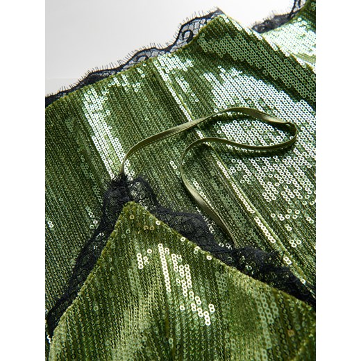 Reserved - Cekinowa sukienka mini z koronką - oliwkowy Reserved S Reserved