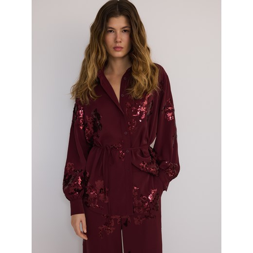 Reserved - Luźne spodnie z cekinowymi aplikacjami - burgundowy Reserved S Reserved