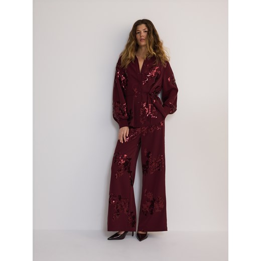 Reserved - Satynowa koszula z cekinowymi aplikacjami - burgundowy Reserved L Reserved