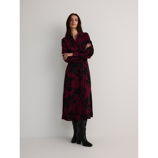 Reserved - Koszulowa sukienka midi z wiskozy - bordowy Reserved S Reserved