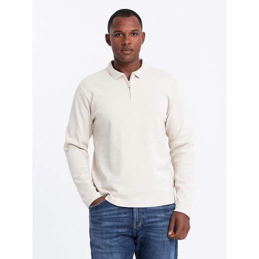 Longsleeve męski polo z zapinanym na zamek kołnierzykiem – kremowy V3 OM-POLS-0130 ze sklepu ombre w kategorii T-shirty męskie - zdjęcie 176443575