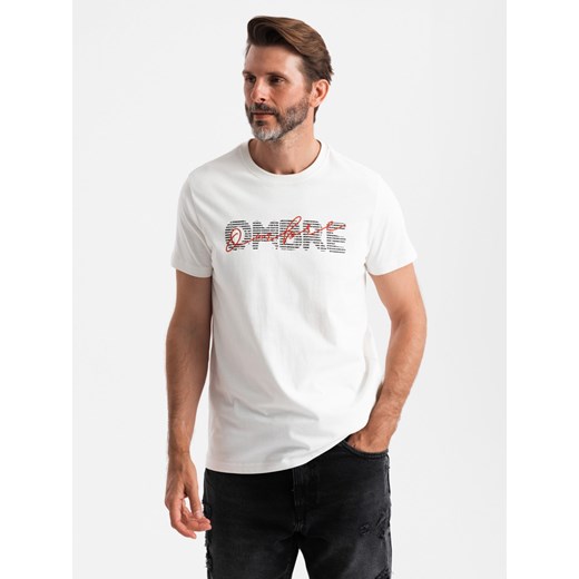 Bawełniany męski t-shirt z podwójnym printowanym logotypem – biały V1 OM-TSPT-0211 ze sklepu ombre w kategorii T-shirty męskie - zdjęcie 176443735