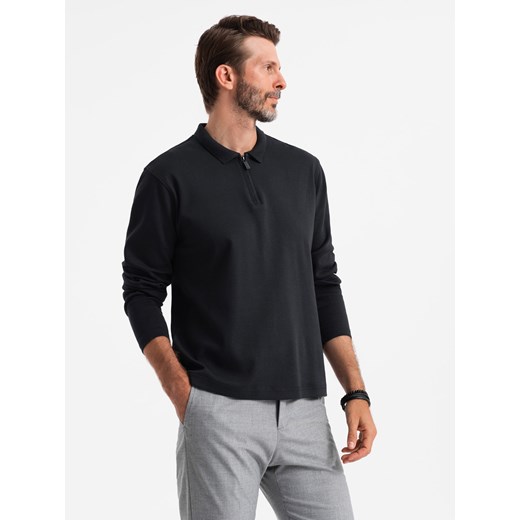 Męski longsleeve z zapinanym na zamek kołnierzykiem polo – czarny V8 OM-POLS-0130 ze sklepu ombre w kategorii T-shirty męskie - zdjęcie 176443766