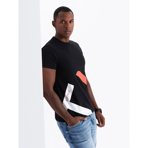 Bawełniany męski t-shirt z kontrastowym dwukolorowym printem – czarny V1 OM-TSPT-0219 ze sklepu ombre w kategorii T-shirty męskie - zdjęcie 176445235