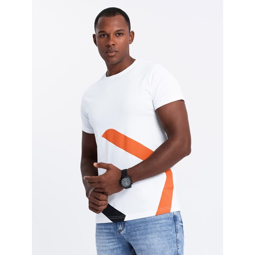 Bawełniany t-shirt męski z kontrastowym dwukolorowym printem – biały V2 OM-TSPT-0219 ze sklepu ombre w kategorii T-shirty męskie - zdjęcie 176445286