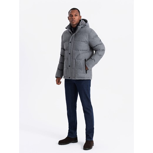 Casualowa kurtka męska puffer z wełną – szary melanż V1 OM-JAHP-0203 ze sklepu ombre w kategorii Kurtki męskie - zdjęcie 176445297