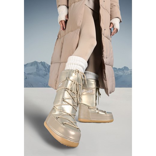 Szampańskie Ocieplane Śniegowce na Płaskiej Grubej Podeszwie ze Ściąganą Cholewką i Wiązaniem Heatua ze sklepu born2be.pl w kategorii Śniegowce damskie - zdjęcie 176471588