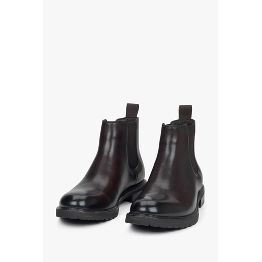 Estro: Ciemnobrązowe klasyczne sztyblety męskie ze skóry naturalnej z Estro 43 Estro