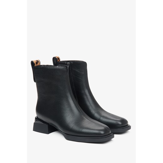 Estro: Czarne botki damskie ze skóry z panterkowym zdobieniem Estro 39 Estro okazja