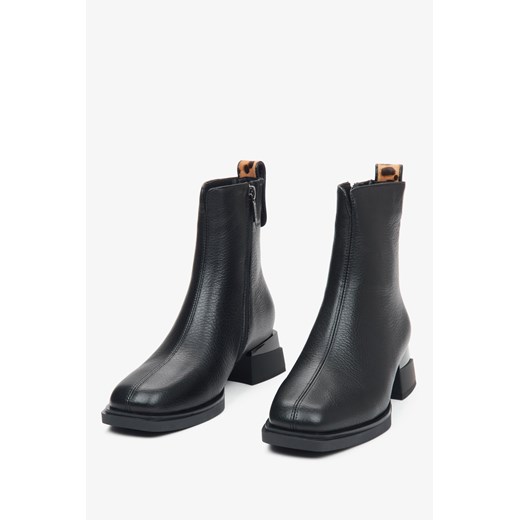 Estro: Czarne botki damskie ze skóry z panterkowym zdobieniem Estro 40 okazja Estro