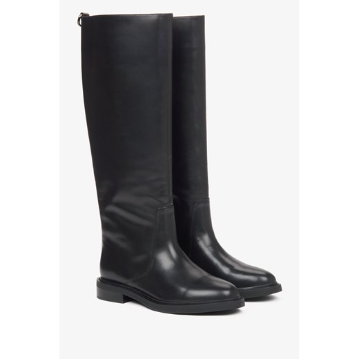 Estro: Czarne wysokie kozaki damskie ze skóry naturalnej z szeroką cholewą Estro 37 promocyjna cena Estro