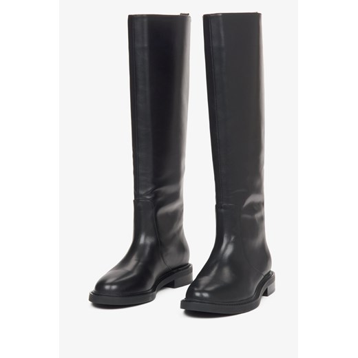 Estro: Czarne wysokie kozaki damskie ze skóry naturalnej z szeroką cholewą Estro 38 promocyjna cena Estro