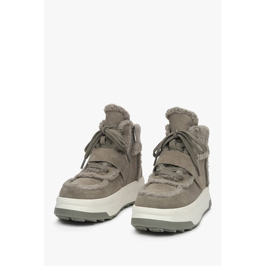 Estro: Szare botki damskie na zimę z weluru naturalnego z wełnianym wsadem Estro 39 Estro