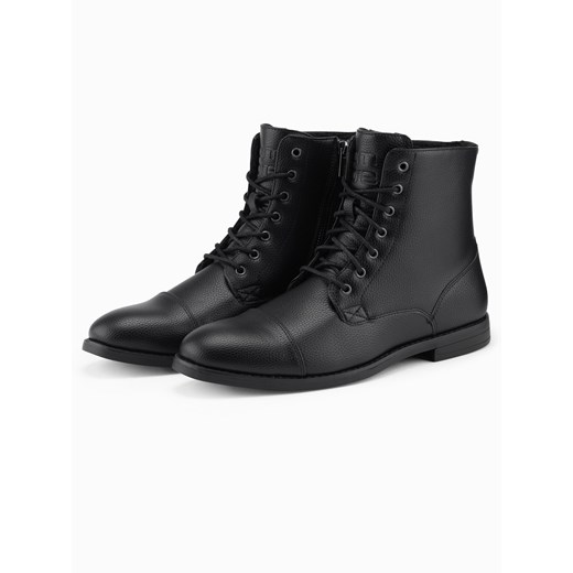 Męskie buty z ekoskóry z ocieplaną wysoką cholewką – czarne V1 OM-FOBO-0172 (BLACK) ze sklepu ombre w kategorii Buty zimowe męskie - zdjęcie 176539079
